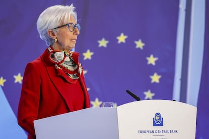 Christine Lagarde, presidenta del Banco Central Europeo (BCE), durante la conferencia de este jueves en Fráncfort (Alemania).