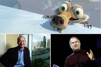 Arriba, un fotograma de <i>Ice Age.</i> Abajo, Jeff Bezos, fundador de Amazon (a la izquierda), y Steve Jobs, presidente de Apple.