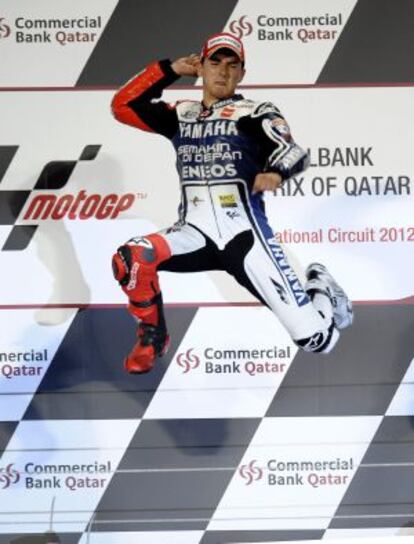 Jorge Lorenzo celebrates his MotoGP win in Qatar on Sunday.