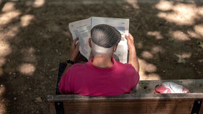 Una persona leyendo un periódico en un parque madrileño.