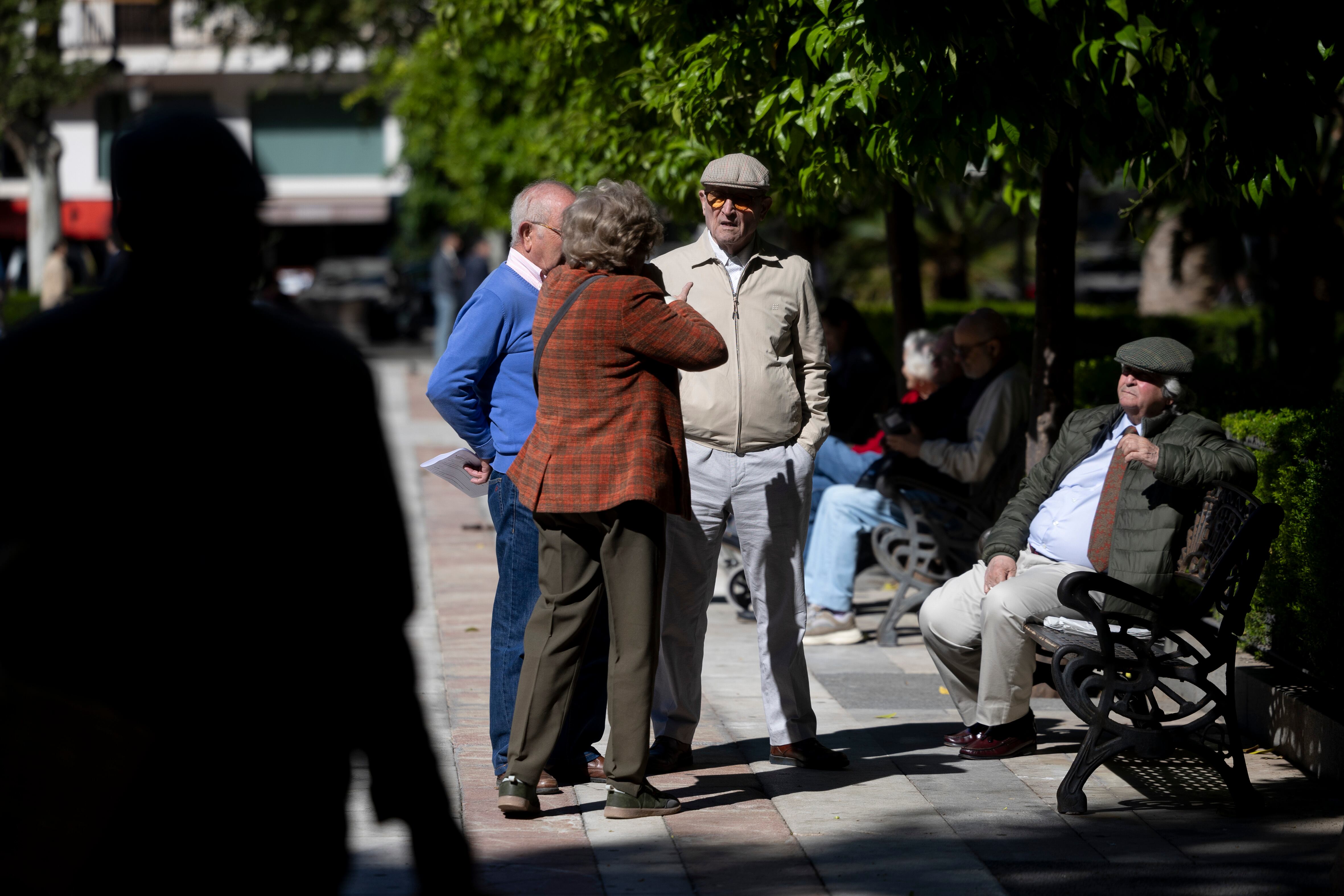 Un grupo de personas mayores charlan en un parque en Sevilla.