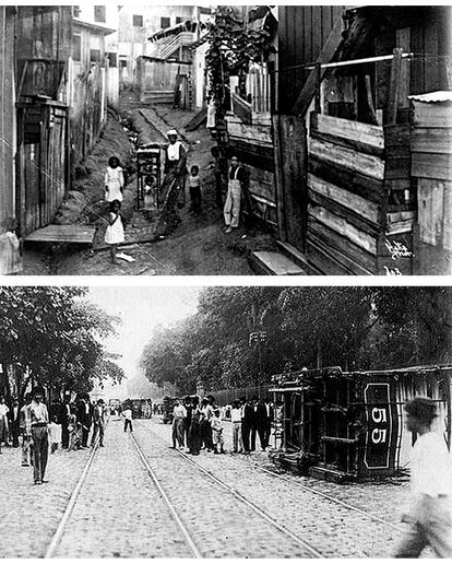 Cortiço no Rio e bonde virado na Revolta da Vacina: capital inadequada (fotos: Reprodução/Prefeitura do Rio; Marianno da Silva/Fundação Biblioteca Nacional) Fonte: Agência Senado