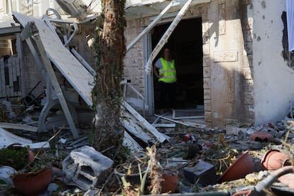 The site where a missile allegedly launched by Hezbollah from Lebanon struck in Kiryat Bialik, outside Haifa, on Sunday.