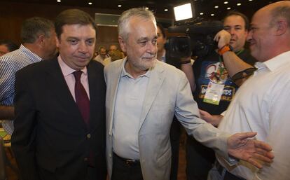 El consejero de Agricultura, Luis Planas junto al secretario general de los socialistas andaluces, José Antonio Griñán, a su llegada a la reunión del Comité Director del PSOE-A.