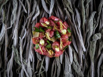 Tartar de vaca y abeto, con cerraja, romaza, acedera y crucíferas picantes, receta del interior de 'Silvestre', de Basque Culinary Center (Editorial Planeta Gastro).