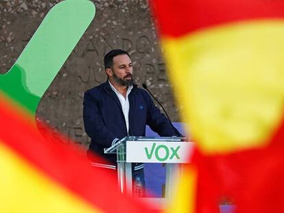 El líder de Vox, Santiago Abascal, durante el cierre de campaña de su partido en Madrid.