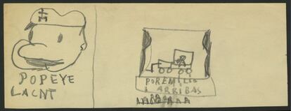 Dibujo de Emilio Arribas de la exposición "El archivo en guerra", sobre la Sala de Lectura que la institución de Barcelona abrió durante la Guerra Civil. En la muestra se aprecia como los niños mezclaban referentes de lo que veían en la calle, con los personajes de las revistas, como Popeye, o su vida cotidiana, como un teatro.