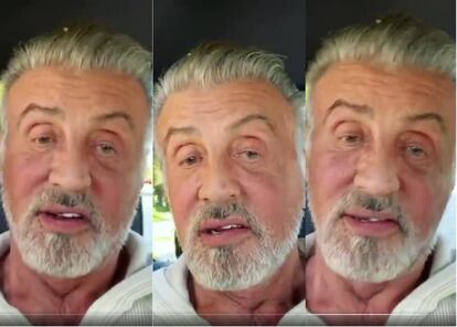 Capturas del vídeo con el que Sylvester Stallone ha saludado a sus fans desde sus cuentas oficiales de Twitter e Instagram y en el que muestra su cabello y barba canosos.