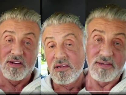 Capturas del vídeo con el que Sylvester Stallone ha saludado a sus fans desde sus cuentas oficiales de Twitter e Instagram y en el que muestra su cabello y barba canosos.