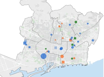 Viviendas de protección fruto de la norma del 30% en las licencias concedidas por el Ayuntamiento de Barcelona entre 2019 y 2024. Las verdes, en ejecución. Las azules, concedidas. Las naranja, en trámite.