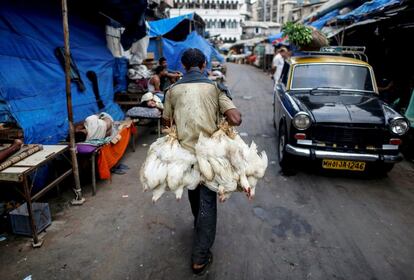 Un trabajador transporta pollos en un mercado de aves de corral en Bombay, India.