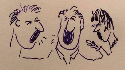 Una ilustración de tres personas estornudando.