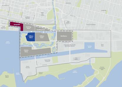 Plano del área potruaria de Toronto. Delimitado con línea discontinua, el distrito completo que intervendrá Sidewalk Labs y que ha denominado IDEA. La fase 2 contempla levantar el resto del distrito, a excepción del espacio contiguo a Quayside (en rojo), aunque podría incorporarse a la segunda intervención. |