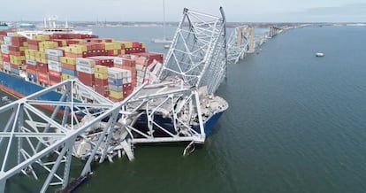 View from a drone of the freighter 'Dali', which collided with the Francis Scott Key Bridge causing its collapse, in Baltimore (Maryland).