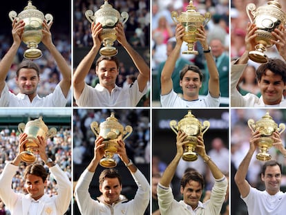 (FILES) This file combination of photo created on July 16, 2017 shows Switzerland�s Roger Federer holding up the Wimbledon Championships trophy after winning each of his eight men�s singles titles at The All England Tennis Club in Wimbledon, southwest London, in (top L-R) 2003, 2004, 2005, 2006, (bottom L-R) 2007, 2009, 2012 and July 16, 2017. - Swiss tennis legend Roger Federer is to retire after next week's Laver Cup, he said on September 15, 2022. (Photo by AFP) / RESTRICTED TO EDITORIAL USE