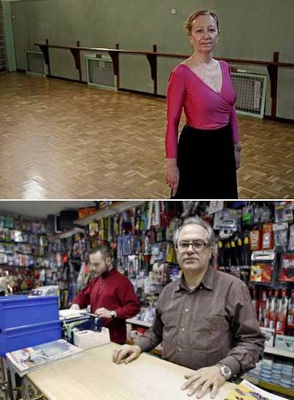 Arriba, la profesora de danza en el aula donde la actriz dio sus primeros pasos. Abajo, su tío Manuel.