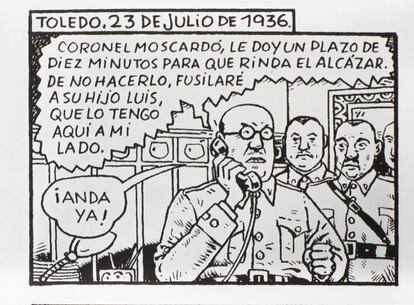 Una viñeta de 'Con el Moscardó tras la oreja', con dibujo de Kim, una de las historietas de 'Nuevas Hazañas Bélicas'.