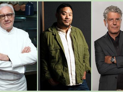 De izquierda a derecha, Alain Ducasse, David Chang y Anthony Bourdain.