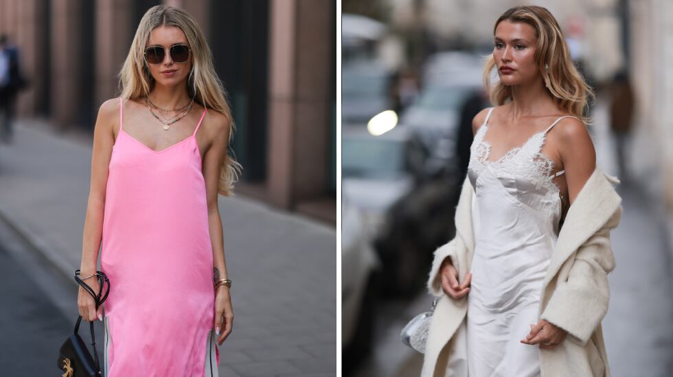 A la izquierda, la modelo Scarlett Gartmann-Reus con un ‘slip dress’ rosa y, a la derecha, otra propuesta similar en blanco que lleva la ‘influencer’ Chloe Lecareux. GETTY IMAGES.