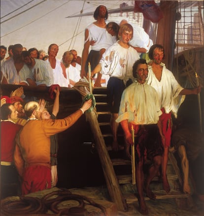Pintura que ilustra a navegantes enfermos de escorbuto, en una imagen cedida por el historiador Vicente Ruiz.