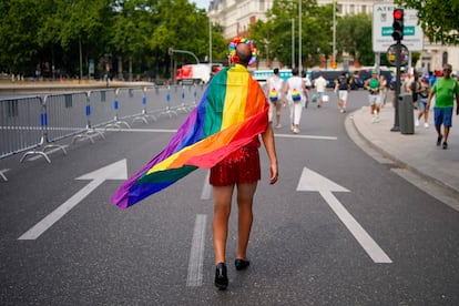 Un participante con la bandera arcoíris por el centro de Madrid, este sábado. 