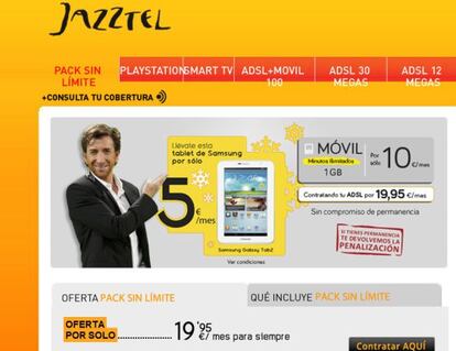 Anuncio de Jazztel sin IVA y con la cuota en letra pequeña.
