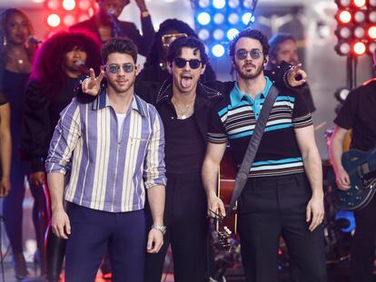 Nick Jonas, from left, Joe Jonas and Kevin Jonas of the Jonas Brothers perform on NBC's Today show at Rockefeller Plaza on Friday, May 12, 2023, in New York.