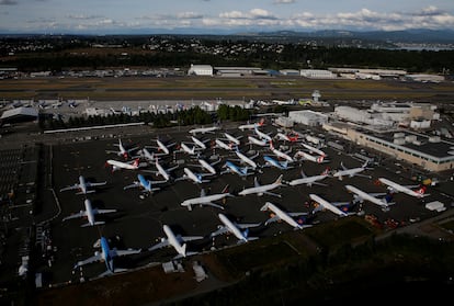 Decenas de aviones del modelo Boeing 737 Max aparcados en Seattle, el 11 de junio.