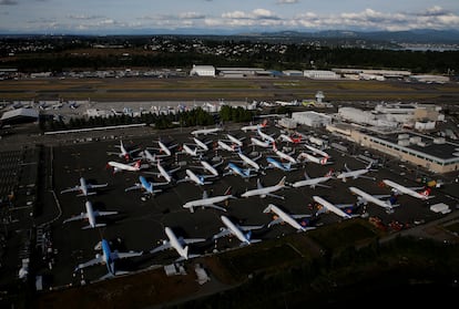 Decenas de aviones del modelo Boeing 737 Max aparcados en Seattle, el 11 de junio.