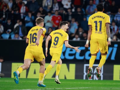 Lewandowski celebra el gol de la victoria del Barcelona ante el Celta.