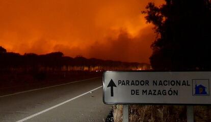 Imagen de EFE Televisión del incendio declarado anoche en el paraje La Peñuela de Moguer (Huelva).