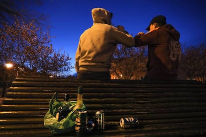 Unos adolescentes hacen botellón en un parque de la capital.