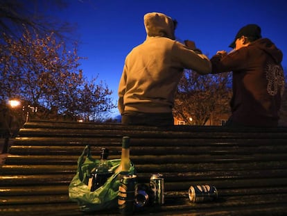 Unos adolescentes hacen botellón en un parque de la capital.