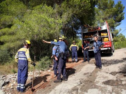 Bomberos de la Generalitat trabajando en el incendio de ayer en las afueras de Tortosa. 