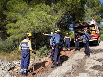 Bomberos de la Generalitat trabajando en el incendio de ayer en las afueras de Tortosa. 