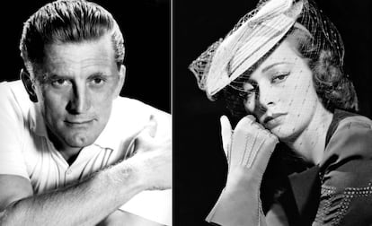 El actor Kirk Douglas, en 1957. A la derecha, la actriz Olivia de Havilland, en 1944.