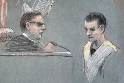 This artist depiction shows Massachusetts Air National Guardsman Jack Teixeira, right, appearing in U.S. District Court in Boston, April 14, 2023.