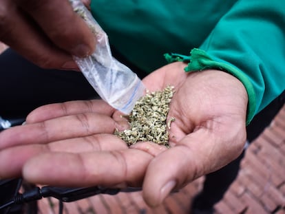 Una persona muestra cannabis durante las manifestaciones por el libre consumo del 20 de abril de 2023, en Bogotá.