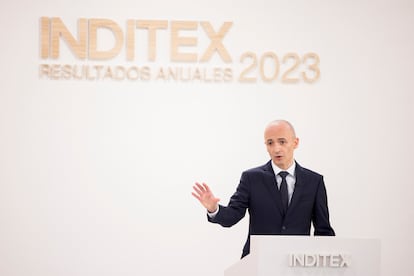 El consejero delegado de Inditex, Óscar García Maceiras, durante la presentación de los resultados de la compañía en el ejercicio de 2023 en su sede central en Arteixo (A Coruña).