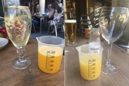 Desde la izquierda zumo de naranja natura de 220 mililitros a cuatro euros, botella de zumo de naranja de 180 ml a tres euros.