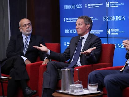 Ben Bernanke, Timothy Geithner y Hank Paulson este miércoles en Washington.