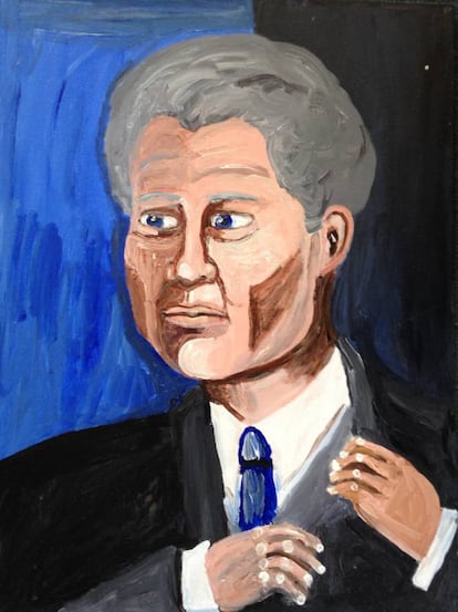 Título: 'President Clinton', pintor: Jane Doyle, 24x18 acrílico sobre lienzo a bordo, donado al museo. Con los nudillos blancos Bill Clinton es retratado furtivamente apartando la vista del espectador. La corbata del presidente ofrece una pista en la fuente de la tensión que sufre el expresidente.