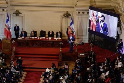Chile’s President Gabriel Boric receives a second Constitution draft by the Constitutional Council after the first one was rejected by voters in 2022, in Santiago, Chile November 7, 2023