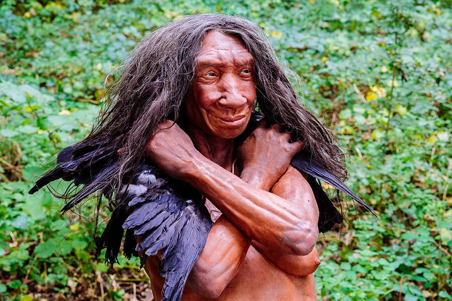 Un modelo de mujer neandertal en el Museo Neandertal de Alemania refleja los recientes descubrimientos que sugieren que los neandertales utilizaban plumas de ave para decorarse.