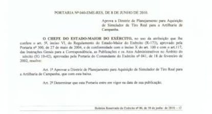 Parte da portaria que oficializa a necessidade de um simulador para o Brasil, de junho de 2010. 