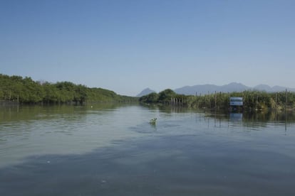 Encontro das águas do rio Arroio Fundo com a lagoa de Camorim. A cor mais escura indica maior quantidade de esgoto.