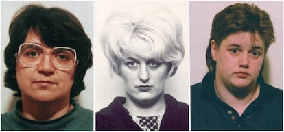 De izquierda a derecha, Rosemary West, Myra Hindley y Beverley Allitt .