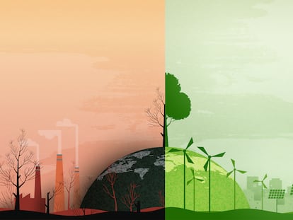 Global warming and climate change concept. Half world of polluted and green environment background. Paper art of ecology and environment concept. Vector illustration.