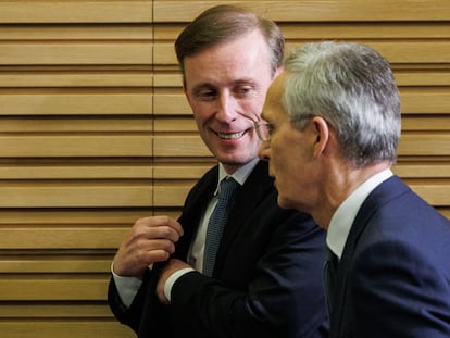 NATO Secretary General Jens Stoltenberg with U.S. National Security Advisor Jake Sullivan at the alliance's headquarters in Brussels on February 7.