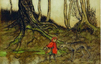 Una ilustración de Caperucita realizada por Arthur Rackham.